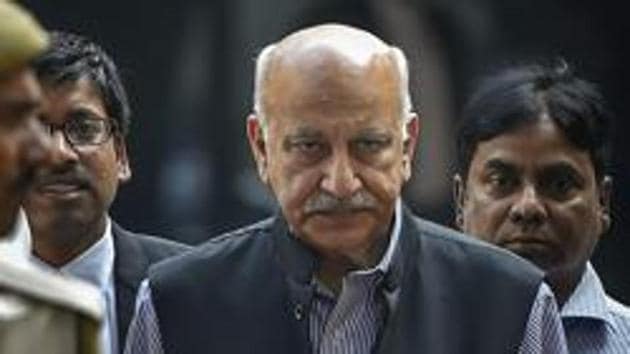 MJ Akbar, who resigned as union minister, at Patiala House Courts in New Delhi, Wednesday, Oct 31, 2018. Akbar filed a private criminal defamation complaint against journalist Priya Ramani who recently levelled charges of sexual misconduct against him as the #MeToo campaign raged in India.(PTI)