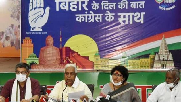Senior Congress leaders address a press conference in Patna earlier in September.(HT file)
