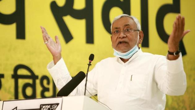 Bihar chief minister and JD(U) president Nitish Kumar addressing a virtual election rally ahead of Bihar Assembly election, in Patna on Tuesday.(Santosh Kumar/HT Photo)