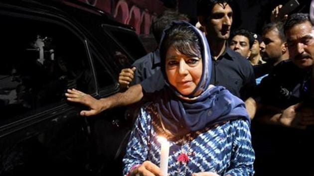 Former chief minister of Jammu and Kashmir and PDP leader Mehbooba Mufti during a candle march protest in Srinagar in August last year. (ANI Photo) Former chief minister of Jammu and Kashmir and PDP leader Mehbooba Mufti during a candle march protest in Srinagar in August last year. (ANI Photo)
