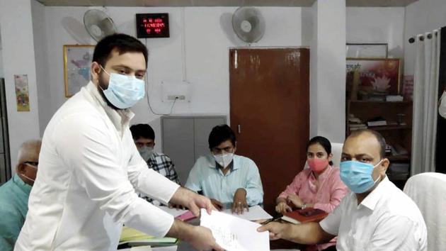 RJD leader and candidate from Raghopur constituency Tejashwi Yadav files his nomination papers for the upcoming Bihar Assembly elections, in Patna. (PTI) RJD leader and candidate from Raghopur constituency Tejashwi Yadav files his nomination papers for the upcoming Bihar Assembly elections, in Patna. (PTI)