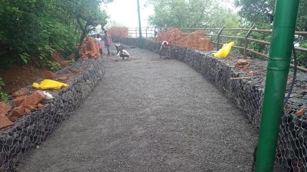 Works underway at the pathway between Dasturi Naka and Matheran. (Source: MMRDA) Works underway at the pathway between Dasturi Naka and Matheran. (Source: MMRDA)
