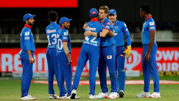 IPL 2020: DC vs RR: Delhi Capitals players celebrate a wicket against Rajasthan Royals.(IPL/Twitter)