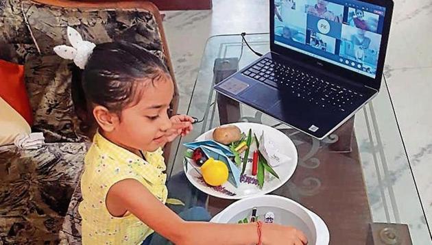 A student of Delhi Public School, Sector 92, Mohali, taking part in the virtual activity.(HT)