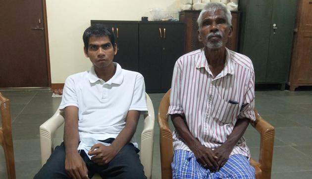 M Sudheer Kumar with his father upon their reunion on Wednesday evening. (HT photo) M Sudheer Kumar with his father upon their reunion on Wednesday evening. (HT photo)