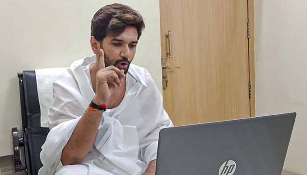 LJP President Chirag Paswan during a meeting with party candidates via video conferencing, ahead of Bihar Assembly Election, in New Delhi, Wednesday, Oct. 14, 2020. (PTI) LJP President Chirag Paswan during a meeting with party candidates via video conferencing, ahead of Bihar Assembly Election, in New Delhi, Wednesday, Oct. 14, 2020. (PTI)