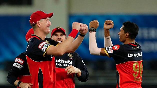 Dubai: Royal Challengers Bangalore celebrates the wicket of Jagadeesan Narayan of Chennai Super Kings during IPL 2020 cricket match, at Dubai International Cricket Stadium in Dubai, United Arab Emirates, Saturday, Oct. 10, 2020. (PTI/Sportzpics for BCCI)(PTI10-10-2020_000223B)(PTI)