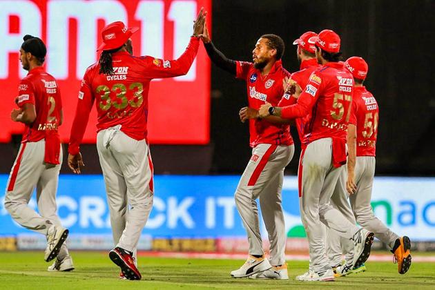 Sharjah: Kings XI Punjab player Chris Jordan celebrates the wicket of Royal Challengers Bangalore batsman Shivam Dube during the Indian Premier League (IPL) cricket match, at Sharjah Cricket Stadium, in Sharjah, Thursday, Oct. 15, 2020. (PTI Photo/Sportzpics)(PTI15-10-2020_000237A) (PTI)
