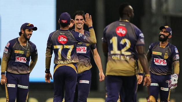 Abu Dhabi: Pat Cummins of Kolkata Knight Riders celebrates the wicket of Jonny Bairstow of Sunrisers Hyderabad during their Indian Premier League 2020 cricket match at the Sheikh Zayed Stadium, Abu Dhabi, Saturday, Sept. 26,2020.(PTI) Abu Dhabi: Pat Cummins of Kolkata Knight Riders celebrates the wicket of Jonny Bairstow of Sunrisers Hyderabad during their Indian Premier League 2020 cricket match at the Sheikh Zayed Stadium, Abu Dhabi, Saturday, Sept. 26,2020.(PTI)