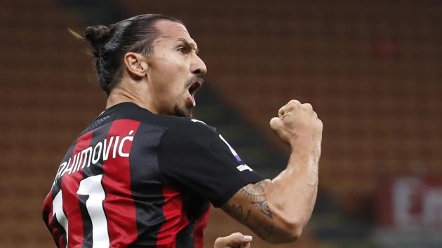 FILE - In this Sept. 21, 2020 file photo, AC Milan's Zlatan Ibrahimovic reacts (AP) FILE - In this Sept. 21, 2020 file photo, AC Milan's Zlatan Ibrahimovic reacts (AP)