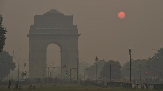 India Gate covered in haze in the backdrop of rising sun, in New Delhi onThursday, Oct. 15, 2020. A smoky haze has shrouded the national capital for the past few days. (PTI) India Gate covered in haze in the backdrop of rising sun, in New Delhi onThursday, Oct. 15, 2020. A smoky haze has shrouded the national capital for the past few days. (PTI)