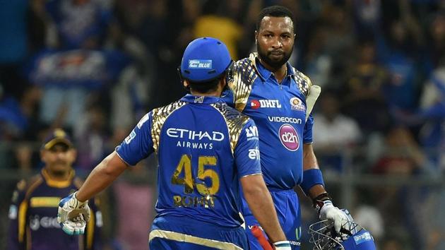 IPL 2020, MI vs KKR: Kieron Pollard and Rohit Sharma against Kolkata Knight Riders last year. (IPL) IPL 2020, MI vs KKR: Kieron Pollard and Rohit Sharma against Kolkata Knight Riders last year. (IPL)