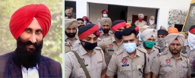 Left leader Balwinder Singh, 55, who was shot dead by two motorcycle-borne men, at Bhikhiwind in Tarn Taran district on Friday morning. (Right) Tarn Taran senior superintendent of police Dhruman H Nimbale at the crime spot.(HT Photo)