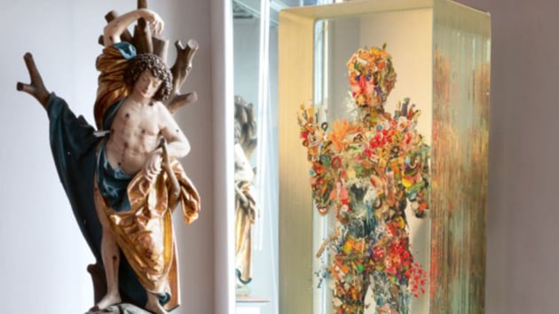 In Hester Diamond’s apartment: Jorg Lederer’s Saint Sebastian (left), estimated from $600,000 to $1.2 million, and Dustin Yellin’s Small Figure No. 48 . (Bloomberg) In Hester Diamond’s apartment: Jorg Lederer’s Saint Sebastian (left), estimated from $600,000 to $1.2 million, and Dustin Yellin’s Small Figure No. 48 . (Bloomberg)