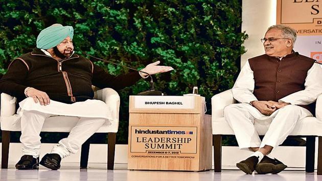 Capt Amarinder Singh, chief minister of Punjab, and Bhupesh Baghel, chief minister of Chhattisgarh, at the Hindustan Times Leadership Summit in New Delhi on Saturday.(Virendra Singh Gosain/HT PHOTO)