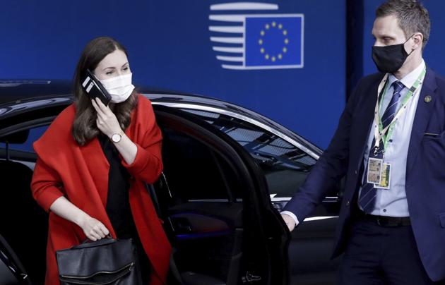 Finland's prime Mminister Sanna Marin arriving for an EU summit in Brussels (Olivier Hoslet, Pool via AP) Finland's prime Mminister Sanna Marin arriving for an EU summit in Brussels (Olivier Hoslet, Pool via AP)