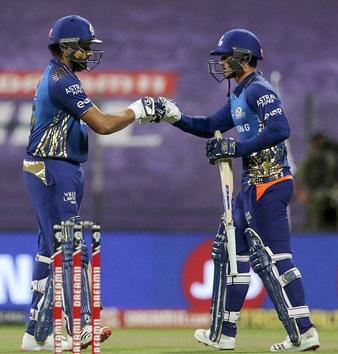 Abu Dhabi: Mumbai Indians (MI) batsmen Rohit Sharma and Quinton de Kock during Indian Premier League (IPL) cricket match against Kolkata Knight Riders, at Sheikh Zayed Stadium in Abu Dhabi, Friday, Oct. 16, 2020. (PTI Photo/Sportzpics for BCCI)(PTI16-10-2020_000206B) (PTI)