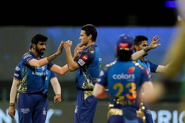 Abu Dhabi: Mumbai Indians (MI) player Jasprit Bumrah celebrates the wicket of Kolkata Knight Riders batsman Andre Russell during Indian Premier League (IPL) cricket match, at Sheikh Zayed Stadium in Abu Dhabi, Friday, Oct. 16, 2020. (PTI Photo/Sportzpics for BCCI)(PTI16-10-2020_000170B) (PTI)