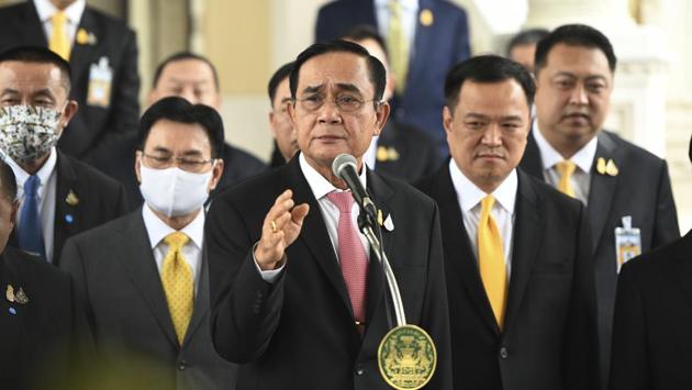 Thai Prime Minister Prayuth Chan-ocha addresses a press conference at Government House in Bangkok on October 16. After rejecting all calls to resign, Prayuth said that his government, faced with non-violent but disruptive pro-democracy protests, hopes it could drop the state of emergency it imposed to curb them ahead of its 30-day duration “if the situation improves quickly,” AP reported. (AP)