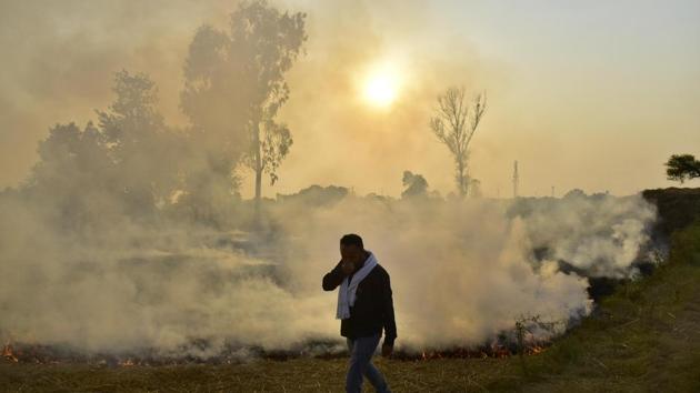 A man evades smoke rising from stubble being burned in a field, in Jandiala Guru, near Amritsar on October 16. Stubble burning in Punjab and Haryana has gone unabated this year primarily because of the reluctance of the local administration to act against offenders due to ongoing farmer protests in the two states, HT reported. (Sameer Sehgal / HT Photo)