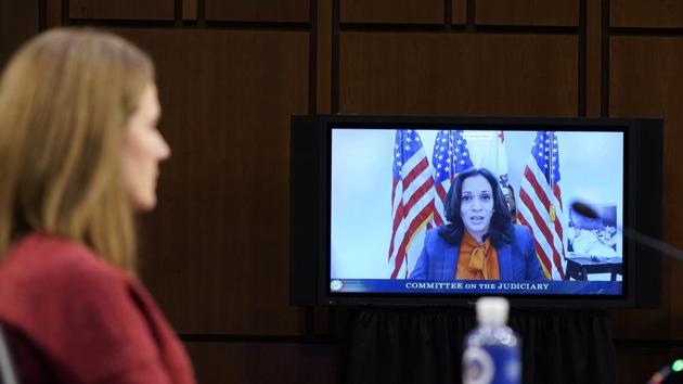 Democratic vice presidential candidate Sen. Kamala Harris, D-California., speaks virtually during a confirmation hearing for Supreme Court nominee Amy Coney Barrett before the Senate Judiciary Committee.(AP)