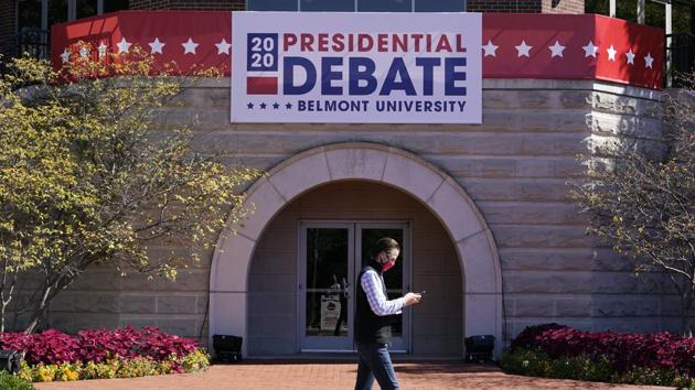 The Curb Event Center at Belmont University is decorated for the presidential debate Friday, Oct. 16, 2020, in Nashville, Tenn.(AP Photo) The Curb Event Center at Belmont University is decorated for the presidential debate Friday, Oct. 16, 2020, in Nashville, Tenn.(AP Photo)