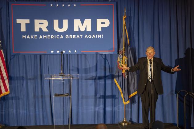 Lou Holtz, former University of Notre Dame football coach, talks to supporters at a Catholics for Trump event in Chalfont. (AP) Lou Holtz, former University of Notre Dame football coach, talks to supporters at a Catholics for Trump event in Chalfont. (AP)