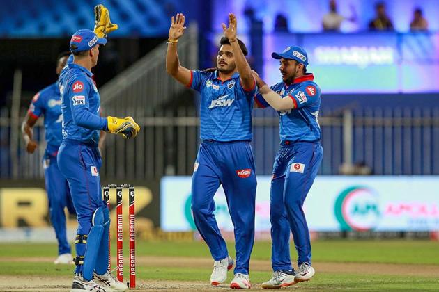 Sharjah: Delhi Capitals (DC) bowler Tushar Deshpande celebrates the wicket of Chennai Super Kings (CSK) batsman Sam Curran during their Indian Premier League (IPL) T20 cricket match, at the Sharjah Cricket Stadium in Sharjah, Saturday, Oct. 17, 2020. (PTI Photo/Sportzpics for BCCI)(PTI17-10-2020_000180A) (PTI)