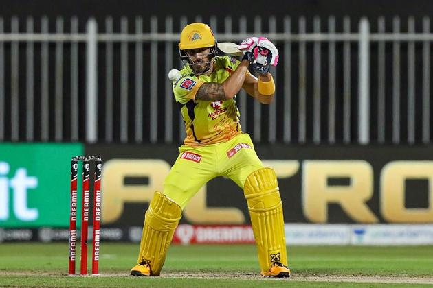 Sharjah: Chennai Super Kings (CSK) batsman Faf du Plessis plays a shot during the Indian Premier League (IPL) T20 cricket match against Delhi Capitals (DC), at the Sharjah Cricket Stadium in Sharjah, Saturday, Oct. 17, 2020. (PTI Photo/Sportzpics for BCCI)(PTI17-10-2020_000190A) (PTI)