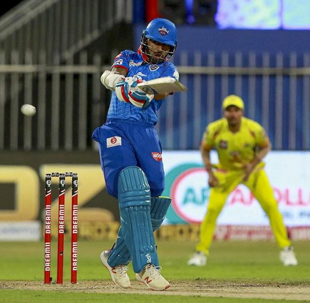 Sharjah: Delhi Capitals (DC) player Shikhar Dhawan plays a shot during their Indian Premier League (IPL) T20 cricket match against Chennai Super Kings (CSK), at the Sharjah Cricket Stadium in Sharjah, Saturday, Oct. 17, 2020. (PTI Photo/Sportzpics for BCCI)(PTI17-10-2020_000206B) (PTI)