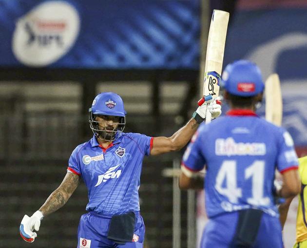 Sharjah: Delhi Capitals (DC) player Shikhar Dhawan celebrates after scoring a half century during their Indian Premier League (IPL) T20 cricket match against Chennai Super Kings (CSK), at the Sharjah Cricket Stadium in Sharjah, Saturday, Oct. 17, 2020. (PTI Photo/Sportzpics for BCCI)(PTI17-10-2020_000211B) (PTI)