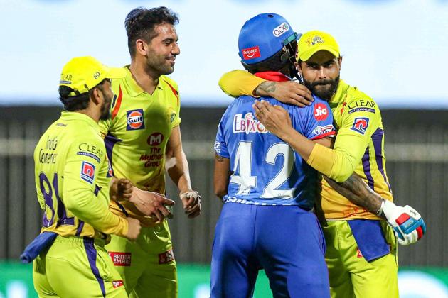 Sharjah: Delhi Capitals (DC) player Shikhar Dhawan and Chennai Super Kings (CSK) player Ravindra Jadeja during their Indian Premier League (IPL) T20 cricket match, at the Sharjah Cricket Stadium in Sharjah, Saturday, Oct. 17, 2020. (PTI Photo/Sportzpics for BCCI)(PTI17-10-2020_000212B) (PTI)