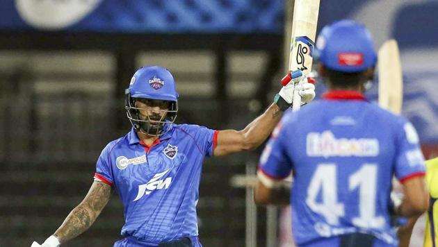 Sharjah: Delhi Capitals (DC) player Shikhar Dhawan celebrates after scoring a half century during their Indian Premier League (IPL) T20 cricket match against Chennai Super Kings (CSK), at the Sharjah Cricket Stadium in Sharjah, Saturday, Oct. 17, 2020. (PTI Photo/Sportzpics for BCCI)(PTI17-10-2020_000211B) (PTI)