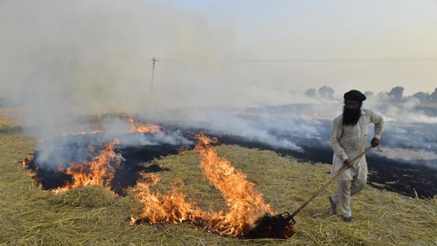 A farmer burns straw stubble in a field near Amritsar on October 16. On October 15, Punjab chief minister Captain Amarinder Singh claimed that Delhi’s air pollution problem was because of local factors, but data from the Punjab University’s Remote Sensing Centre, Ludhiana, shows a three-fold spike in stubble burning incidents in Punjab as compared to 2019. (Sameer Sehgal / HT Photo)