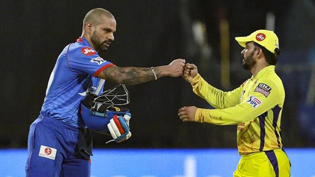 Delhi Capitals (DC) player Shikhar Dhawan after winning the Indian Premier League (IPL) T20 cricket match against Chennai Super Kings (CSK), at the Sharjah Cricket Stadium in Sharjah.(PTI)