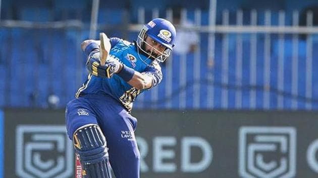 Mumbai Indians player Krunal Pandya plays a shot during IPL 2020 cricket match against Sunrisers Hyderabad.(PTI)
