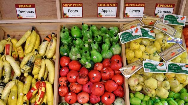 Grocery produce made entirely of plastic bags stocked at the Plastic Bag Store in New York City on October 16. The store’s shelves are lined with grocery, rows of soda drinks and cartons of everyday items. But a closer look at the boxes of sushi rolls and cereal reveals labels such as ‘plastic bagacado roll,’ ‘Yucky Shards,’ and ‘Caps N’ Such.’ (Carlo Allegri / REUTERS)