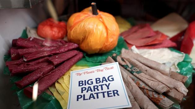 A cold cuts platter made entirely of plastic bags pictured at the Plastic Bag Store on October 16. The ban, aimed at preventing single-use plastic bags from clogging landfills and littering parks and waterways, was supposed to begin March 1 but was postponed because of the pandemic. (Carlo Allegri / REUTERS)