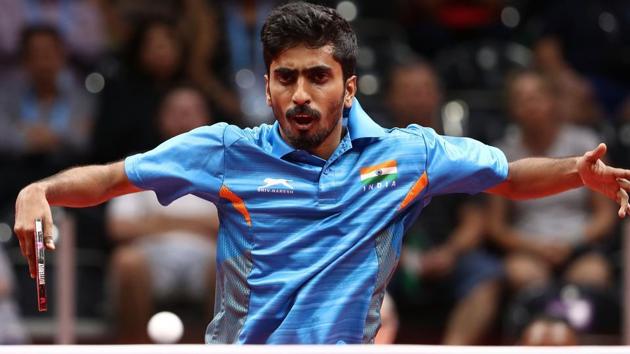 Sathiyan Gnanasekaran of India competes against Segun Toriola of Nigeria during the Men's Team Table Tennis Gold Medal Match on day five of the Gold Coast 2018 Commonwealth Games.(Getty Images)