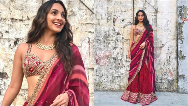 Kiara Advani sizzles up Navaratri vibe in Rs 98k berry red gharara and bralette set(Instagram/kiaraaliaadvani)