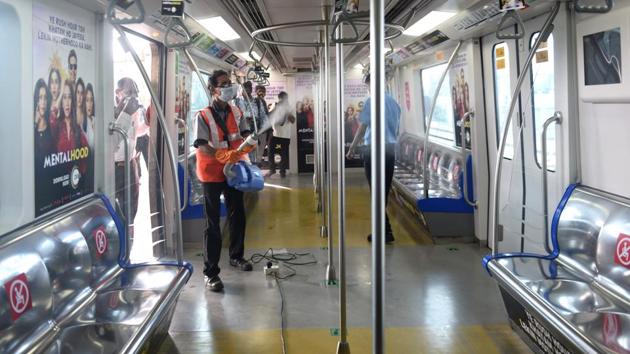 Cleaning and Sanitisation work at Andheri Metro station as a preparedness and measures undertaken for safe and secure travel of commuters before service resumption in Mumbai (Photo by Satish Bate/Hindustan Times)