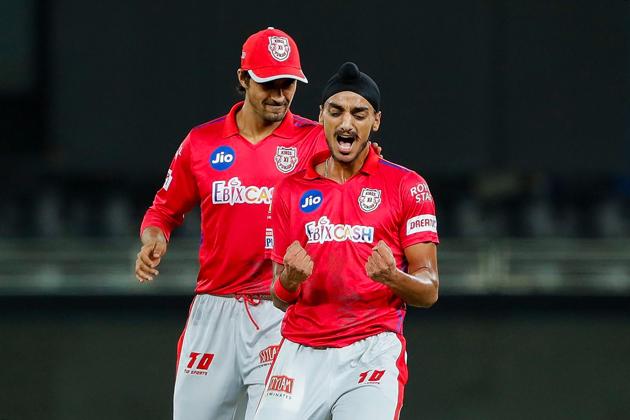 Dubai: Kings XI Punjab bowler Arshdeep Singh celebrates the wicket of Mumbai Indians (MI) captain Rohit Sharma during their Indian Premier League (IPL) T20 cricket match, at Dubai International Cricket Stadium in Dubai, Sunday, Oct. 18, 2020. (PTI Photo/Sportzpics for BCCI)(PTI18-10-2020_000188B) (PTI)