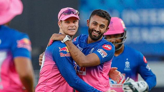 Dubai: Rajasthan Royals players celebrate the wicket of Aaron Finch of Royal Challengers Bangalore during Indian Premier League (IPL) T20 cricket match, at the Dubai International Cricket Stadium in Dubai, Saturday, Oct. 17, 2020.(PTI) Dubai: Rajasthan Royals players celebrate the wicket of Aaron Finch of Royal Challengers Bangalore during Indian Premier League (IPL) T20 cricket match, at the Dubai International Cricket Stadium in Dubai, Saturday, Oct. 17, 2020.(PTI)