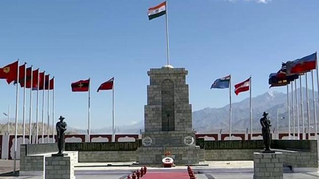 A view of the National Flag waving at the War Memorial, in Leh.(ANI)