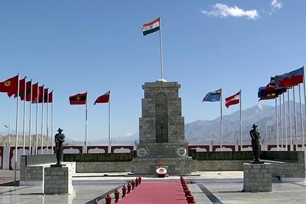 The national flag is seen at the War Memorial in Leh in this file photo. The war memorial was shown to be in People’s Republic of China during a live broadcast on Twitter.(ANI Photo)