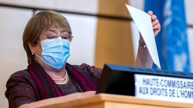 United Nations' High Commissioner for Human Rights Michelle Bachelet holds a document before her speech during the opening of 45th session of the Human Rights Council, at the European UN headquarters in Geneva, Switzerland. (REUTERS)