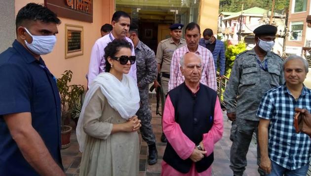 Actress Kangana Ranaut with former chief minister Shanta Kumar at his home at Palampur on Monday.