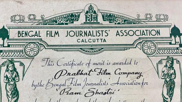 According to the details on the Certificate of Merit, the honour was presented to the film Ram Shastri for the Best Hindi Picture of the Year 1944 by Bengal Film Journalists’ Association, Calcutta. It bears the signature of the association’s president Tushar Kanti Ghosh and honorary secretary SM Bagde.(Sourced) According to the details on the Certificate of Merit, the honour was presented to the film Ram Shastri for the Best Hindi Picture of the Year 1944 by Bengal Film Journalists’ Association, Calcutta. It bears the signature of the association’s president Tushar Kanti Ghosh and honorary secretary SM Bagde.(Sourced)