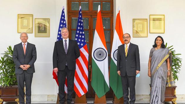 Foreign secretary of India Harsh V Shringla and diplomat Vani Rao with US ambassador to India Ken Juster and US Deputy Secretary of State Stephen E Biegun during a meeting in New Delhi.(PTI file) Foreign secretary of India Harsh V Shringla and diplomat Vani Rao with US ambassador to India Ken Juster and US Deputy Secretary of State Stephen E Biegun during a meeting in New Delhi.(PTI file)