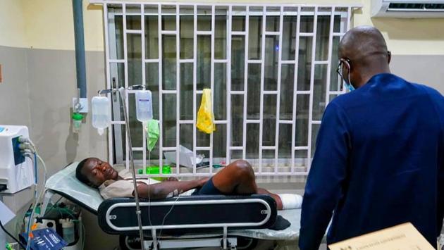 Lagos State Governor Babajide Sanwo-Olu during his visit to a hospital where injured protesters are being treated in Lagos on October 21. The governor said one man had died in hospital from blunt force trauma to the head, though it was unclear if the victim had been a protester, Reuters reported. (Ademola Olaniran / Lagos State Government / REUTERS)